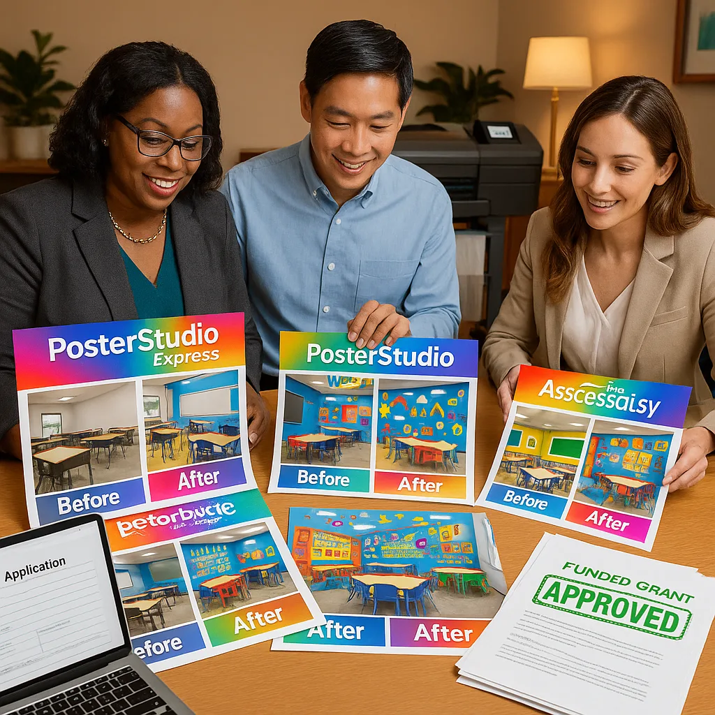 A bright, engaging hero image a grant application scene. In the foreground, show a diverse team of educators (African American female principal, Asian male teacher, and Caucasian female grant