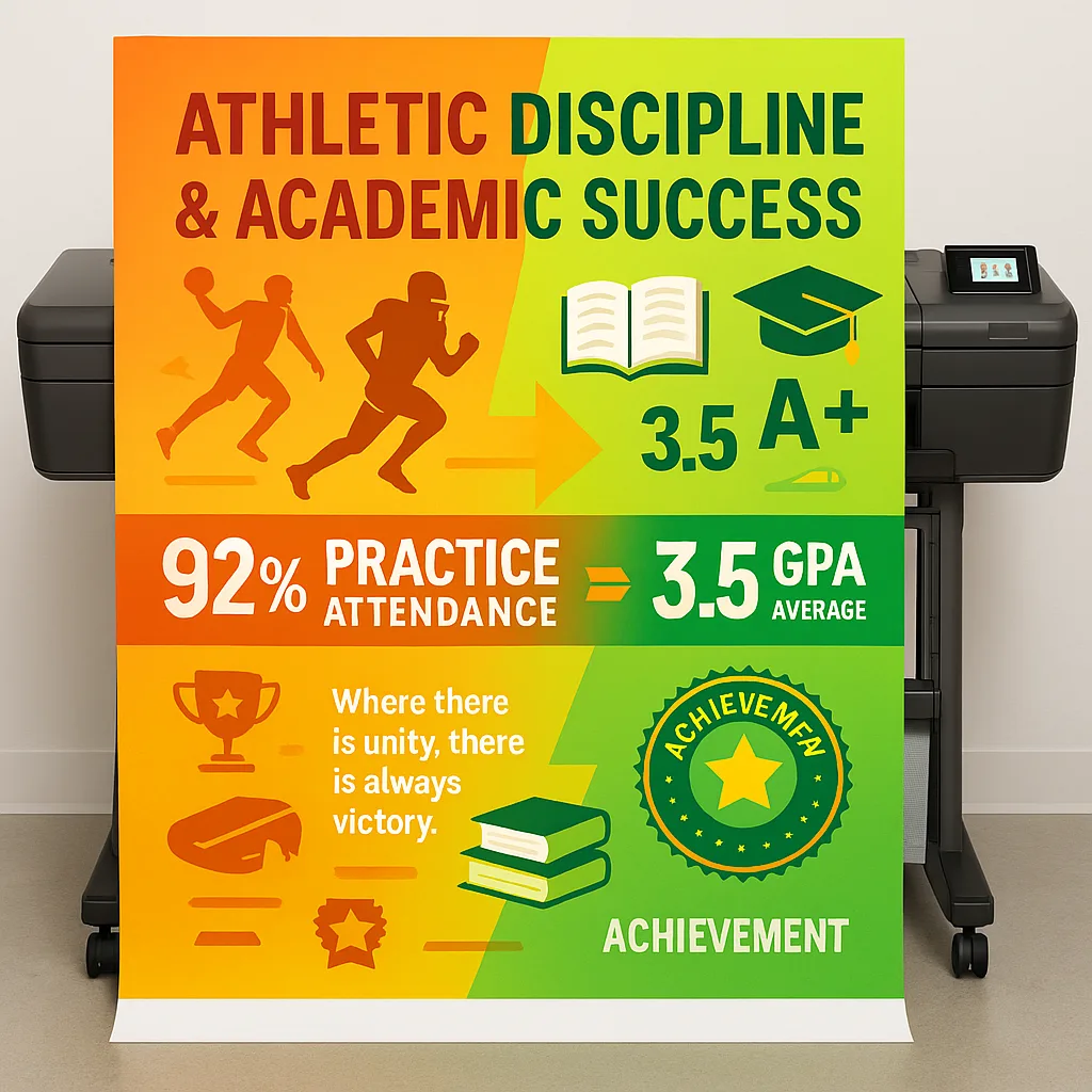 Design a bright, engaging infographic-style poster the correlation between athletic discipline and academic success. Feature a split design sports imagery (basketball, football, track) on one side