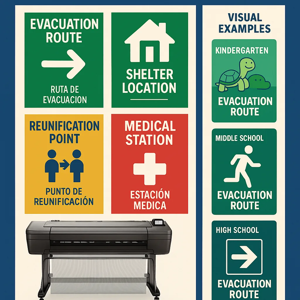 Design an infographic-style image a comprehensive emergency poster template system. Display a grid layout of different emergency poster designs evacuation routes, shelter locations, reunification