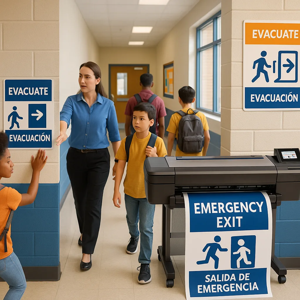 A bright, image a school hallway clearly visible multilingual emergency posters mounted at strategic locations. Show diverse students and staff calmly following visual directions during an