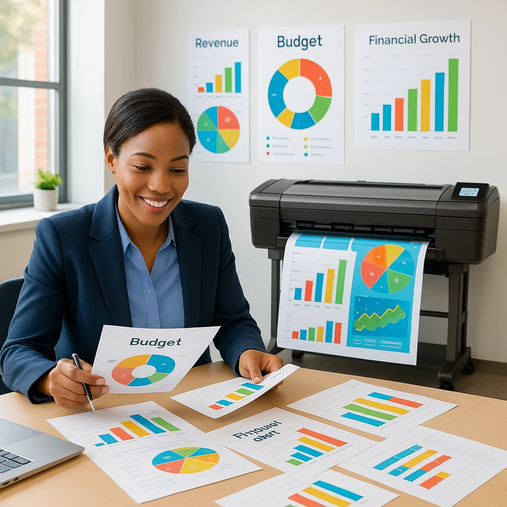 A bright, school office setting a administrator reviewing colorful budget charts and financial documents spread across a desk, a large-format poster printer visible in the background producing