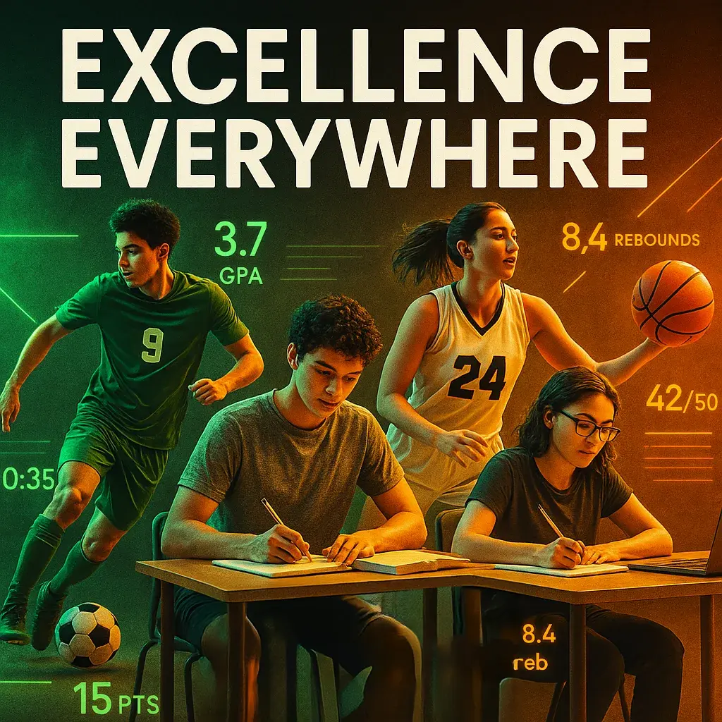A dynamic, high-energy sports collage student athletes in action on the field/court seamlessly blended the same athletes studying and working on academics.
