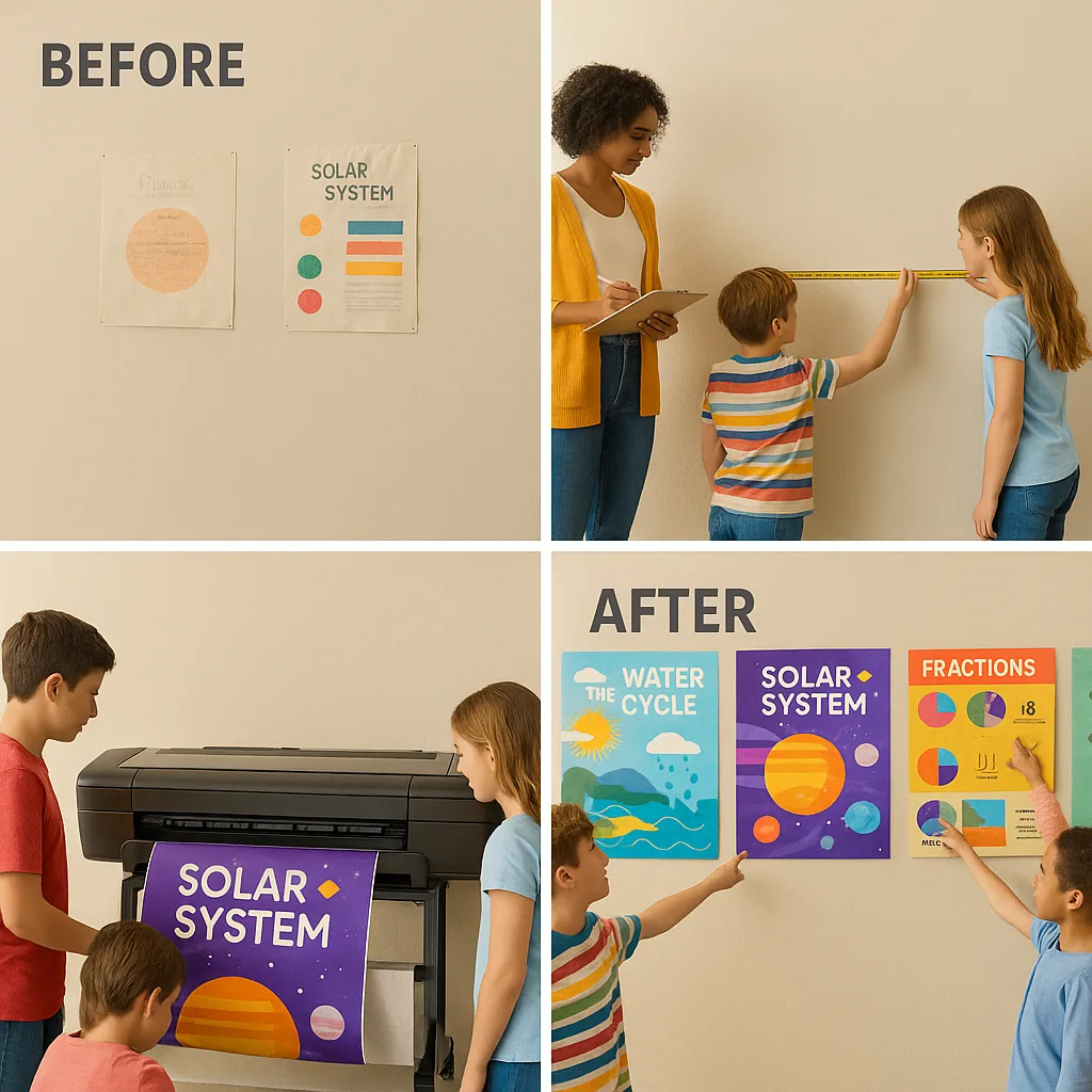 Design a four-panel before-and-after transformation the same classroom wall across time. Panel 1: Empty, beige wall faded old posters. Panel 2: Teacher and students measuring and planning. Panel