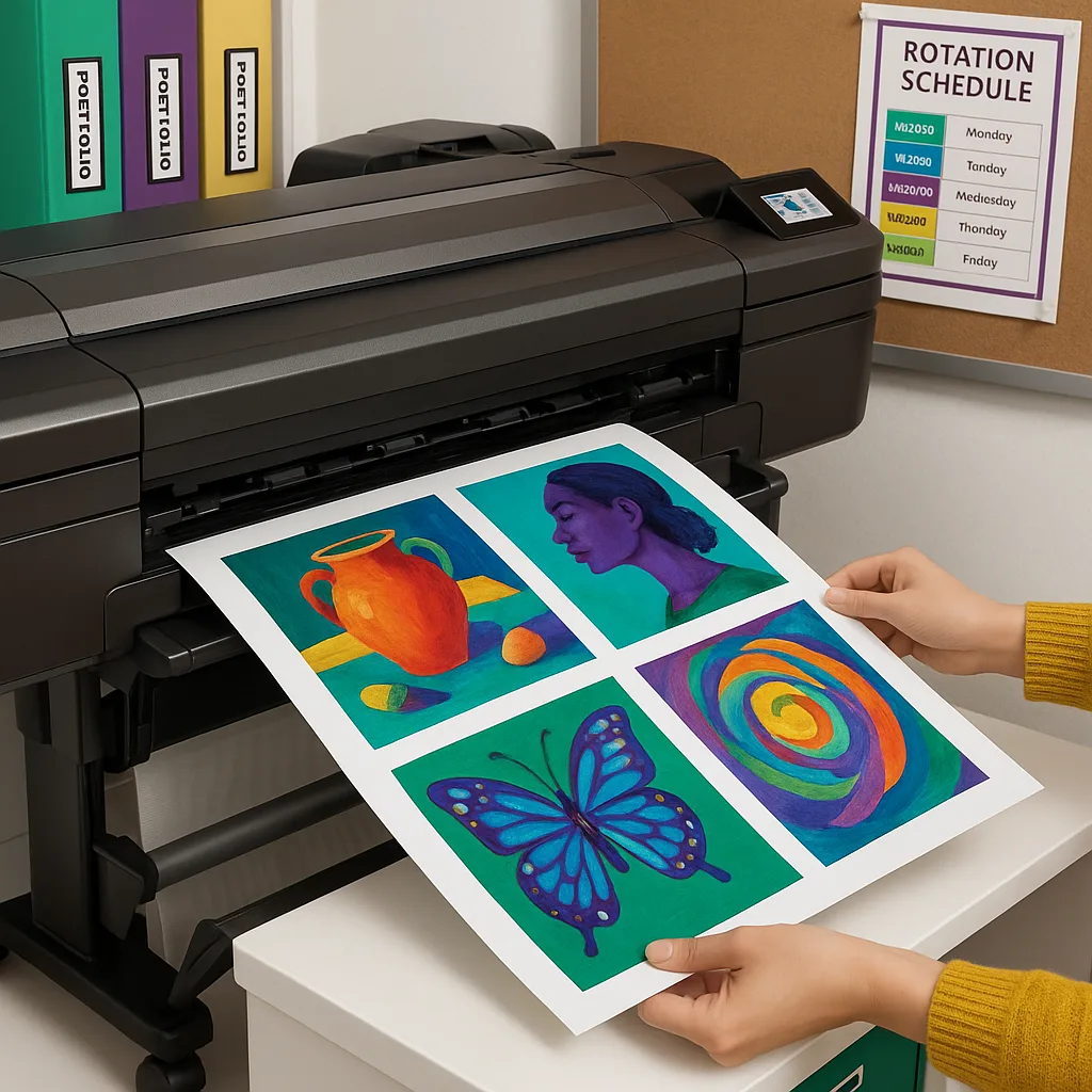 Design a close-up shot of hands arranging student artwork on a large-format poster printer output tray. Show artwork being printed borders in jewel tones. Include organized storage systems labeled Design a close-up shot of hands arranging student artwork on a large-format poster printer output tray. Show artwork being printed borders in jewel tones. Include organized storage systems labeled