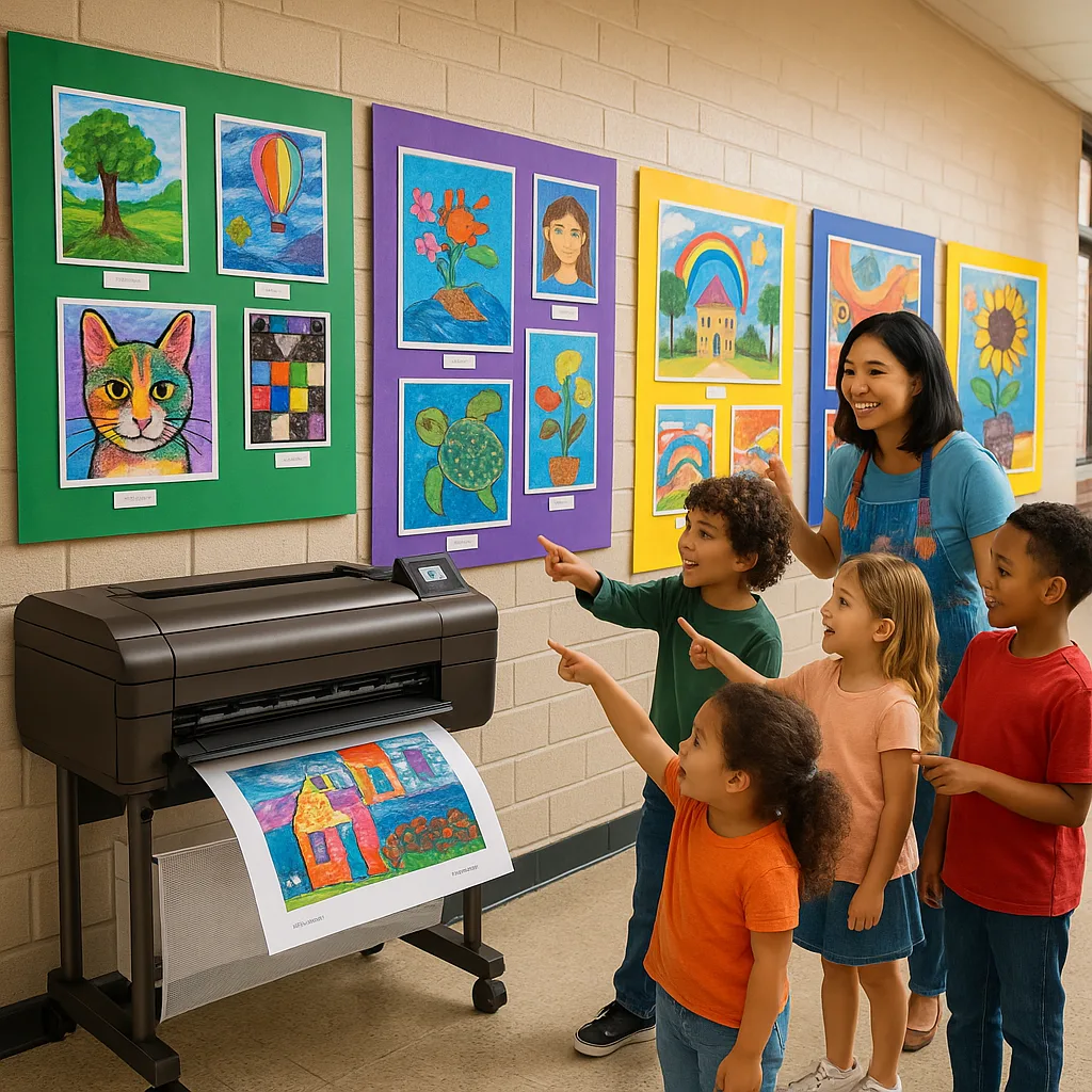 A vibrant, wide-format image a school hallway transformed into a colorful art gallery. Feature diverse student artwork professionally displayed on poster boards in rainbow colors (emerald green,