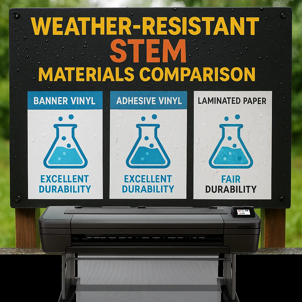 Close-up photograph of weather-resistant outdoor STEM poster materials comparison display banner vinyl, adhesive vinyl, and laminated paper samples mounted side-by-side on a testing board exposed