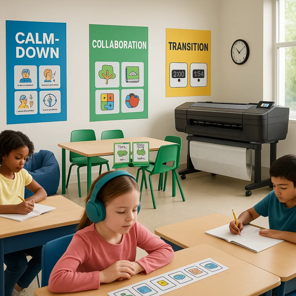 A bright, organized classroom color-coded zones clearly marked by large posters on the walls. In the foreground, show diverse students one noise-canceling headphones working calmly at a desk