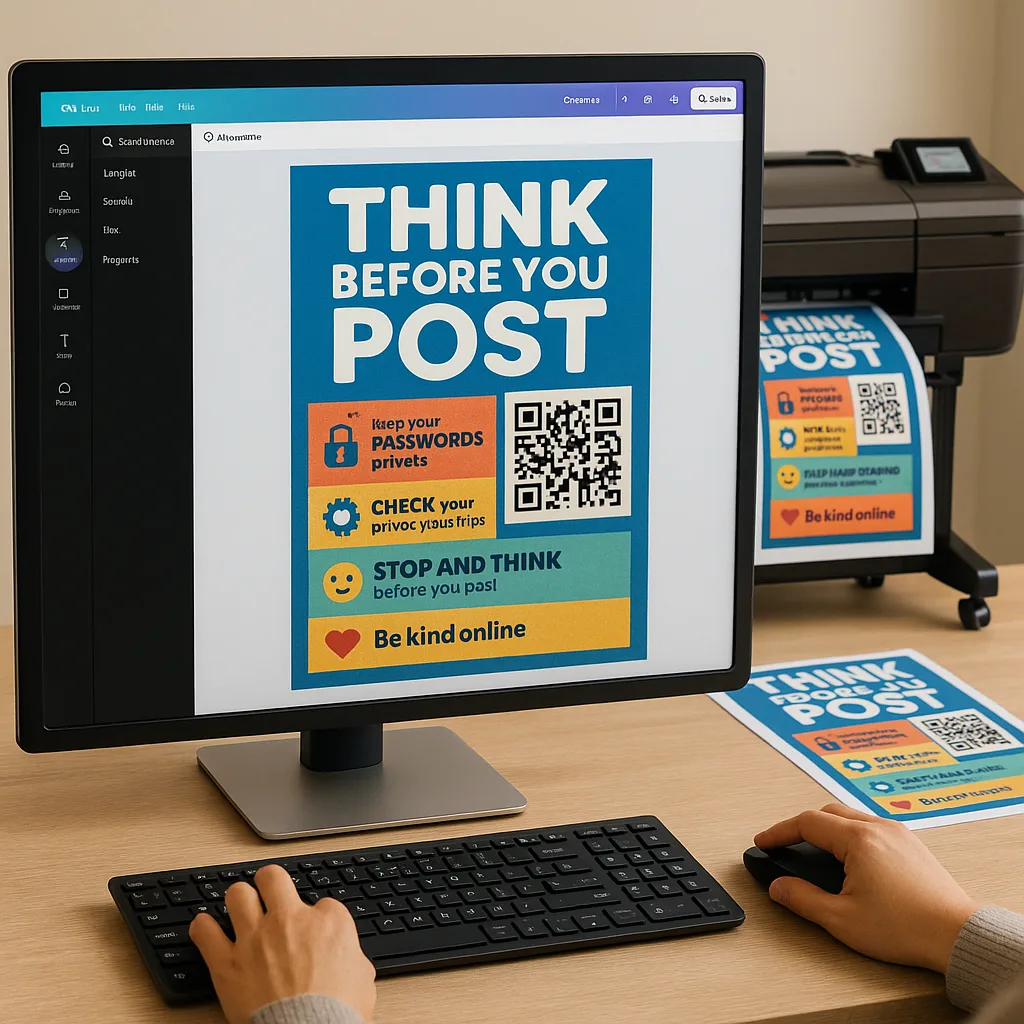 Design a close-up view of hands creating a digital citizenship poster on a computer screen. Show the Canva interface a poster design QR codes, safety tips, and colorful graphics. Include design Design a close-up view of hands creating a digital citizenship poster on a computer screen. Show the Canva interface a poster design QR codes, safety tips, and colorful graphics. Include design