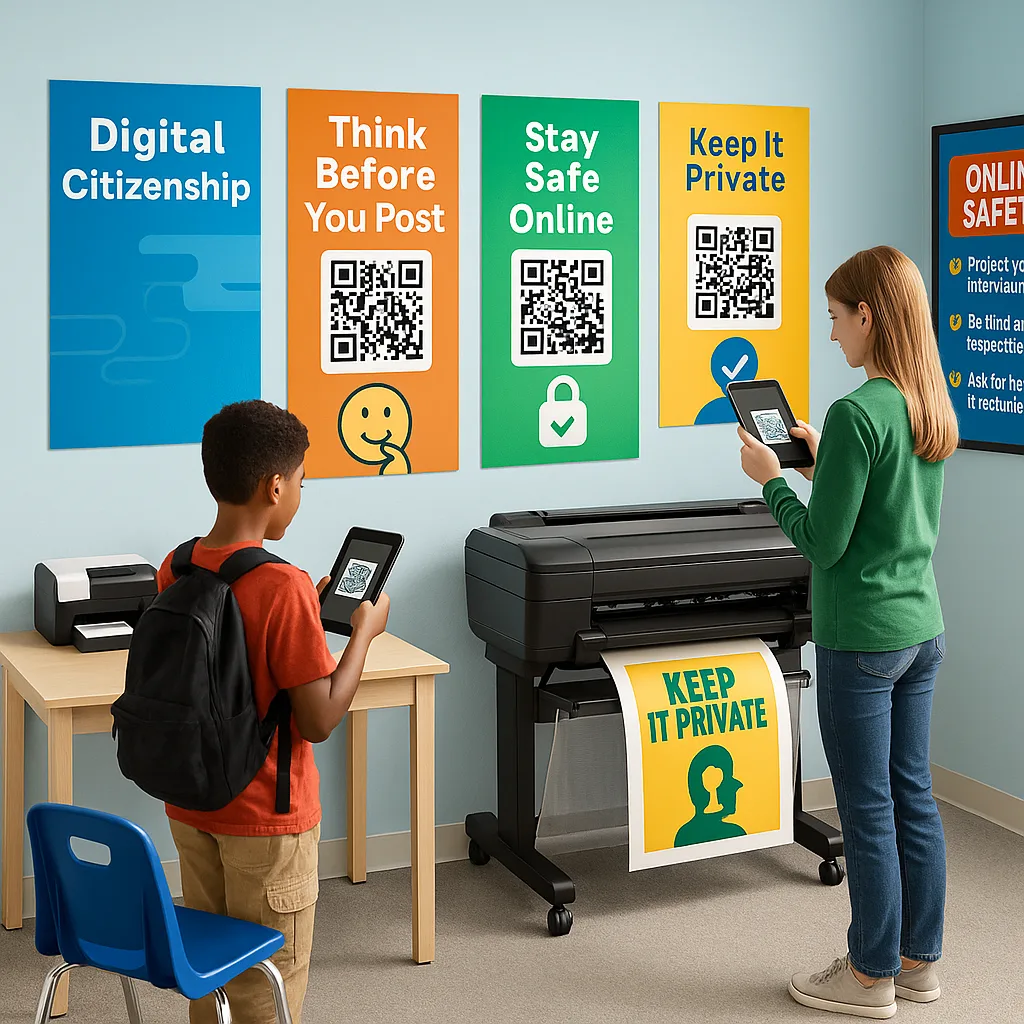 A bright, classroom corner a digital citizenship learning center. Show colorful posters QR codes on the walls, a small poster printer on a desk, students scanning QR codes tablets, and interactive