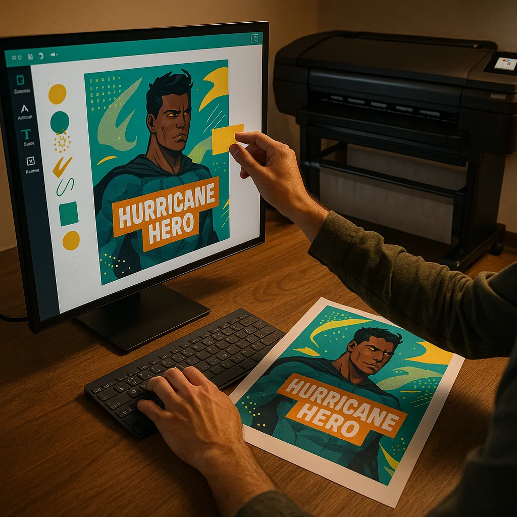 Close-up shot of hands creating a hero poster design on a computer screen using drag-and-drop software. The screen shows a hurricane hero’s photo colorful design elements being arranged around it. Close-up shot of hands creating a hero poster design on a computer screen using drag-and-drop software. The screen shows a hurricane hero's photo colorful design elements being arranged around it.