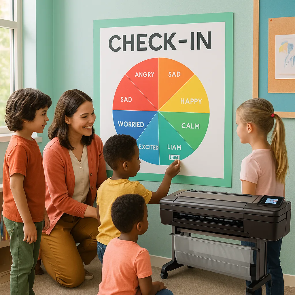 A bright, engaging classroom scene a first-grade teacher and three diverse students interacting a large, colorful emotion check-in wall display. The display features a rainbow-colored emotion