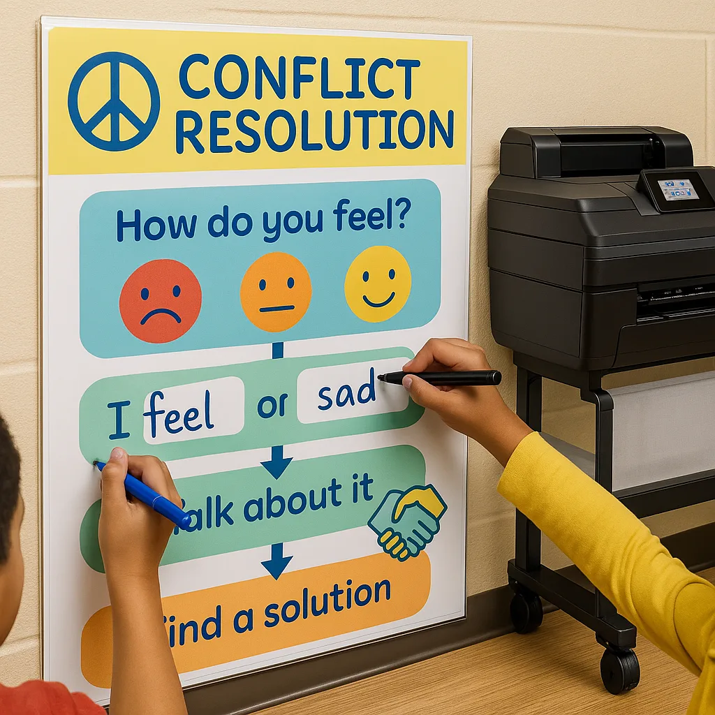 A close-up view of an interactive conflict resolution flowchart mounted on a classroom wall. The flowchart uses bright, kid-friendly colors (sunshine yellow, sky blue, mint green) clear pathways A close-up view of an interactive conflict resolution flowchart mounted on a classroom wall. The flowchart uses bright, kid-friendly colors (sunshine yellow, sky blue, mint green) clear pathways