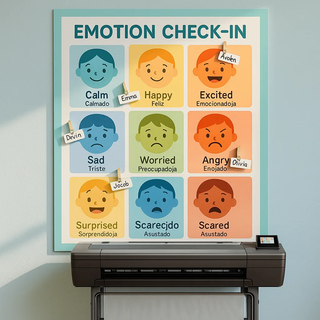 A close-up view of an emotion check-in display board created a school poster printer, 12 different emotion faces arranged in a grid pattern colors ranging from cool blues for calm emotions to warm A close-up view of an emotion check-in display board created a school poster printer, 12 different emotion faces arranged in a grid pattern colors ranging from cool blues for calm emotions to warm