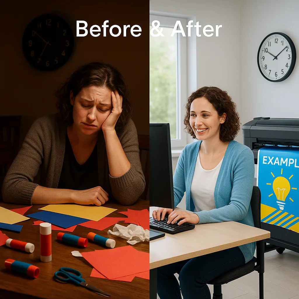 A split-screen comparison image. Left side: exhausted teacher surrounded by craft supplies, glue sticks, crumpled poster boards, and scissors on a messy dining table at night, looking stressed.