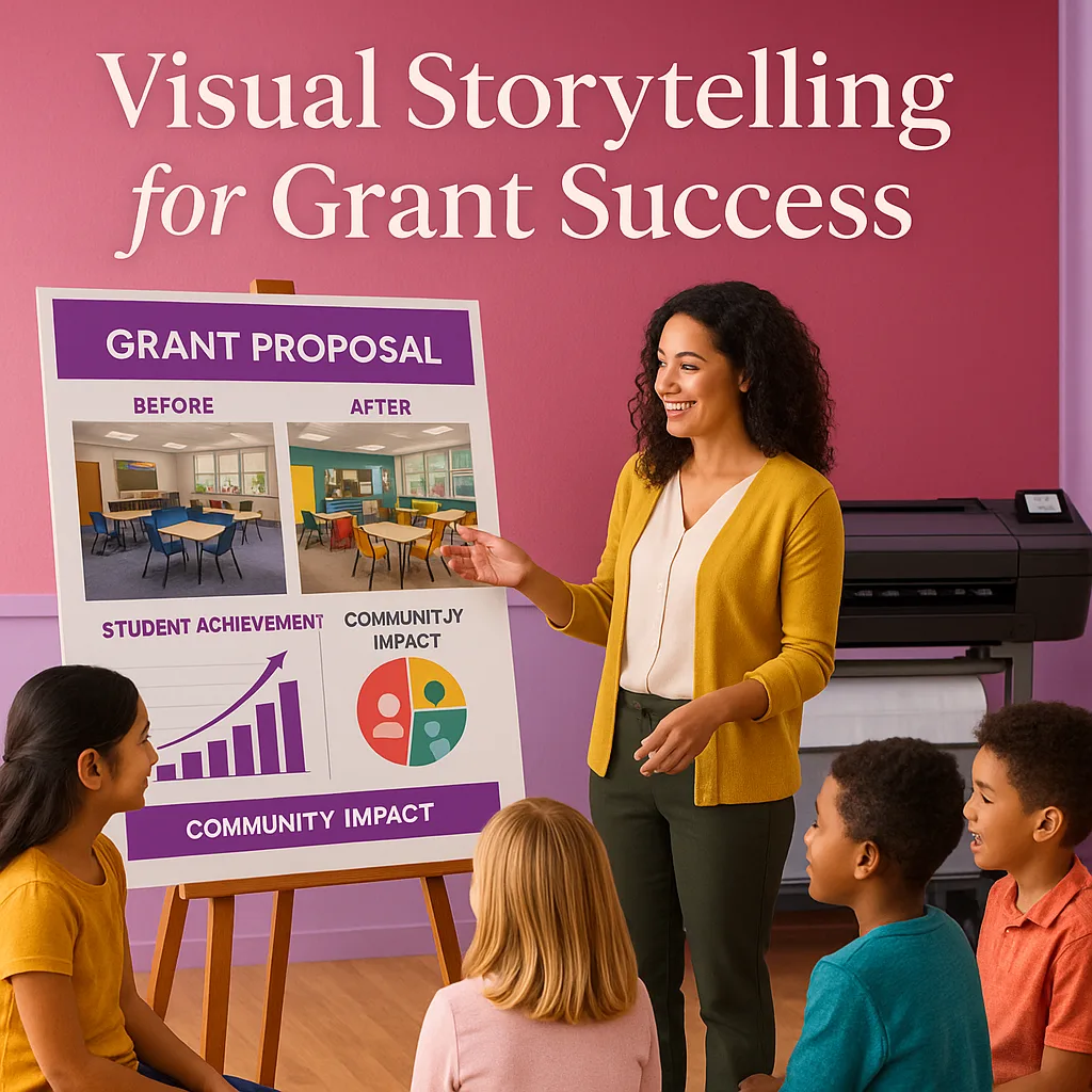 A vibrant, inspiring classroom scene a teacher and diverse group of students gathered around a large, colorful grant proposal poster display. The poster features before/after mockups of a