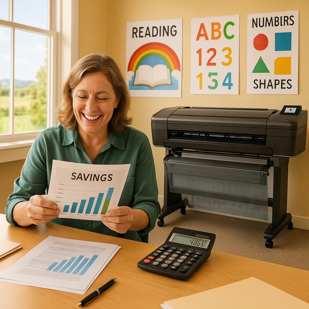 A vibrant, office scene a rural school administrator looking at financial documents visible relief and joy, calculator on desk savings, colorful educational posters visible in background printed A vibrant, office scene a rural school administrator looking at financial documents visible relief and joy, calculator on desk savings, colorful educational posters visible in background printed