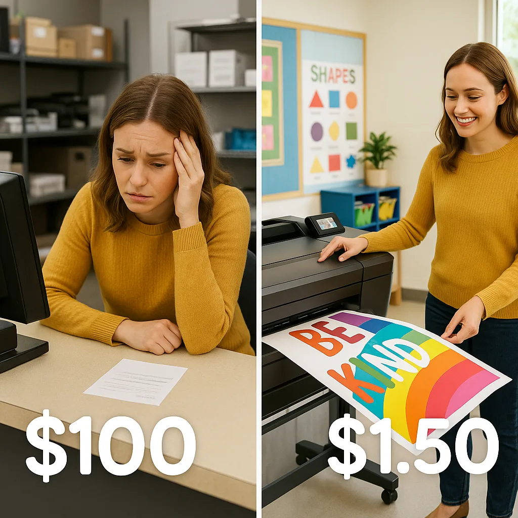 Split-screen comparison left side – stressed teacher waiting at copy shop counter high price visible, right side – same teacher happily printing colorful posters on an in-house poster maker Split-screen comparison left side - stressed teacher waiting at copy shop counter high price visible, right side - same teacher happily printing colorful posters on an in-house poster maker
