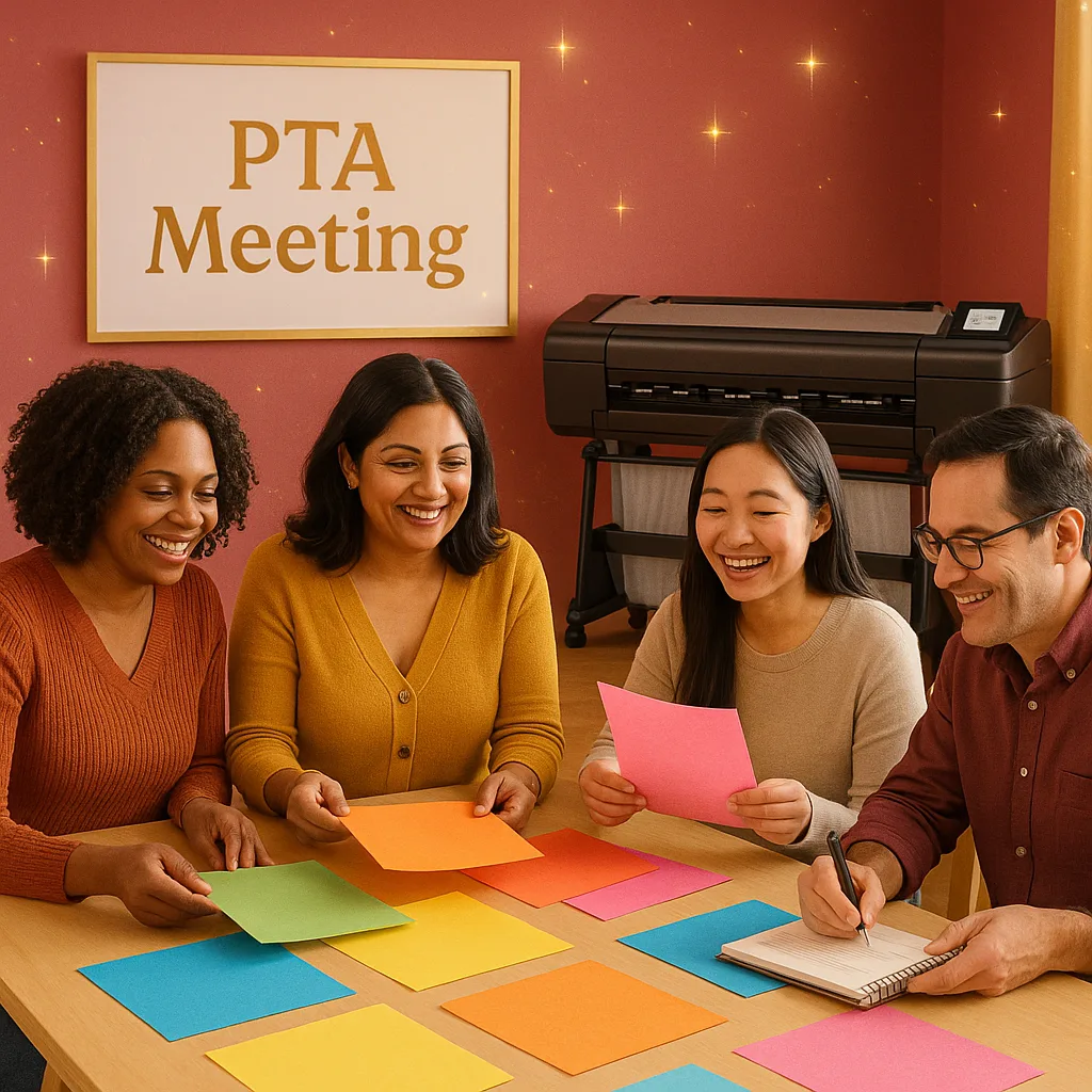A warm, inviting image raspberry pink and gold accents a diverse group of PTA parents and teachers gathered around a table covered colorful poster paper samples. Include a poster printer in the
