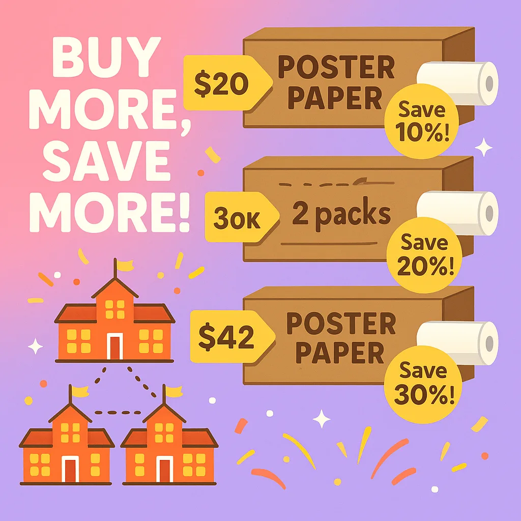 Design a cheerful infographic-style image three stacked boxes of poster paper price tags, illustrating bulk buying savings. Use a gradient from cotton candy pink to lavender as the background. Design a cheerful infographic-style image three stacked boxes of poster paper price tags, illustrating bulk buying savings. Use a gradient from cotton candy pink to lavender as the background.