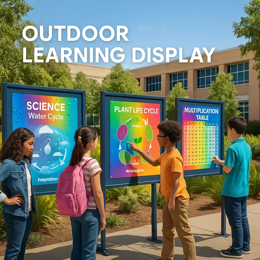 A vibrant, hero image an outdoor learning display setup at a school. Feature weather-resistant educational posters mounted on outdoor boards in a garden classroom setting. A vibrant, hero image an outdoor learning display setup at a school. Feature weather-resistant educational posters mounted on outdoor boards in a garden classroom setting.