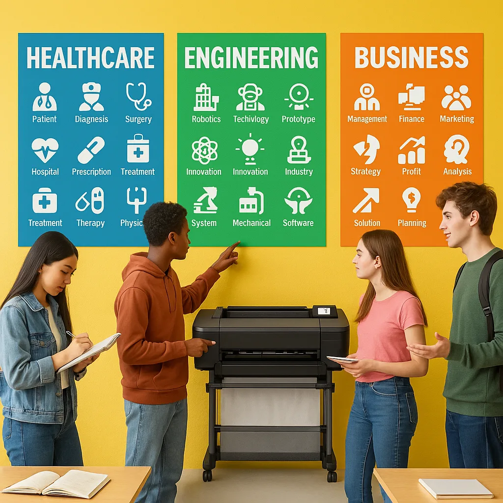 A vibrant, classroom wall multiple career-focused vocabulary displays. Show large, colorful posters organized by industry sectors (healthcare in blue, engineering in green, business in orange)