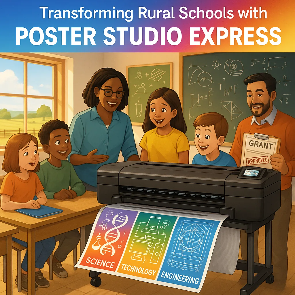A bright, engaging hero image a rural school classroom diverse students and teachers gathered around a large-format poster printer creating colorful STEM educational materials. In the background, A bright, engaging hero image a rural school classroom diverse students and teachers gathered around a large-format poster printer creating colorful STEM educational materials. In the background,