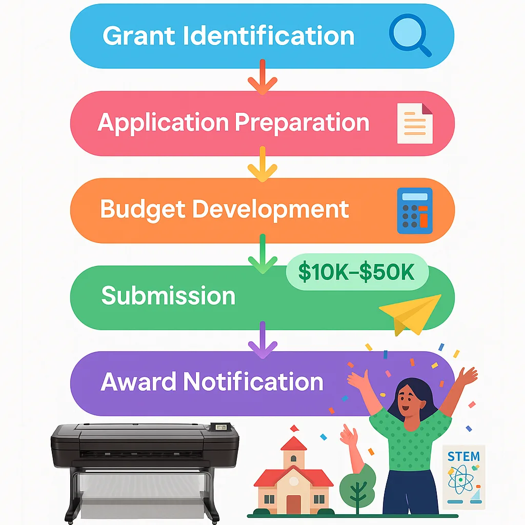 Design an infographic-style image the grant funding process as a visual flowchart. Start “Grant Identification” at the top, flowing through “Application Preparation,” “Budget Development,” Design an infographic-style image the grant funding process as a visual flowchart. Start "Grant Identification" at the top, flowing through "Application Preparation," "Budget Development,"