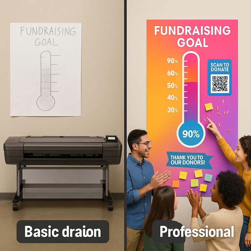 A comparison image two fundraising displays side by side. On the left, show a basic hand-drawn thermometer on plain white paper looking worn and uninspiring. On the right, display a professional,