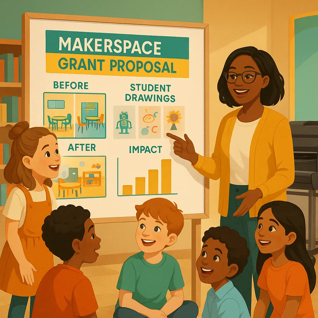 A bright, inspirational classroom scene a diverse group of students and their teacher gathered around a large presentation board displaying a colorful makerspace grant proposal. The board shows