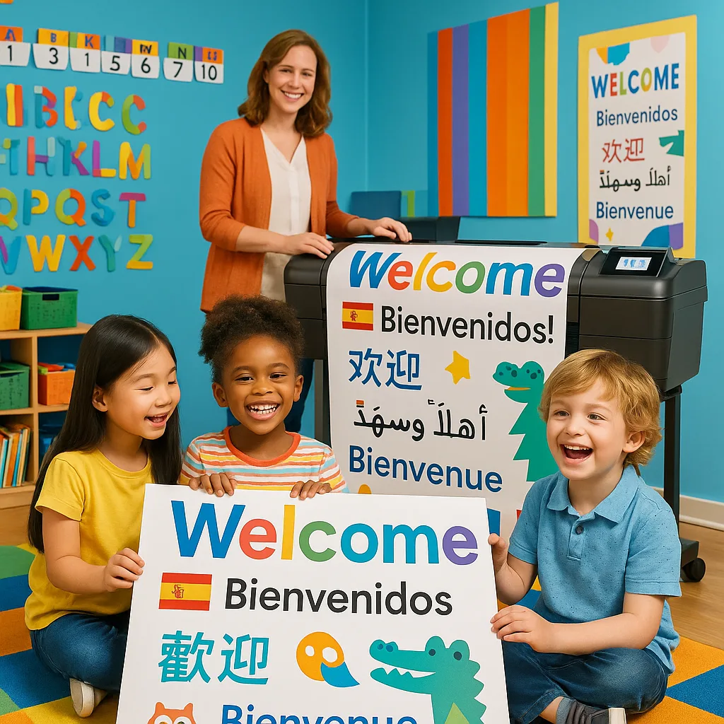 A bright, engaging classroom scene using Google Font 'Suse' for any text. Show a diverse group of elementary students (Asian, Hispanic, African American, and Caucasian) gathered around a large