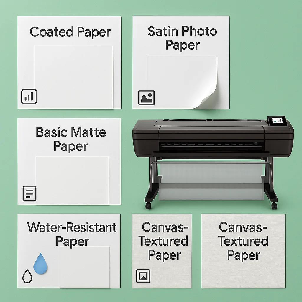 A flat-lay arrangement of different poster paper types on a mint green background. Show 5-6 paper samples arranged in a grid pattern, each labeled simple, text using the Google font ‘Suse’. A flat-lay arrangement of different poster paper types on a mint green background. Show 5-6 paper samples arranged in a grid pattern, each labeled simple, text using the Google font 'Suse'.