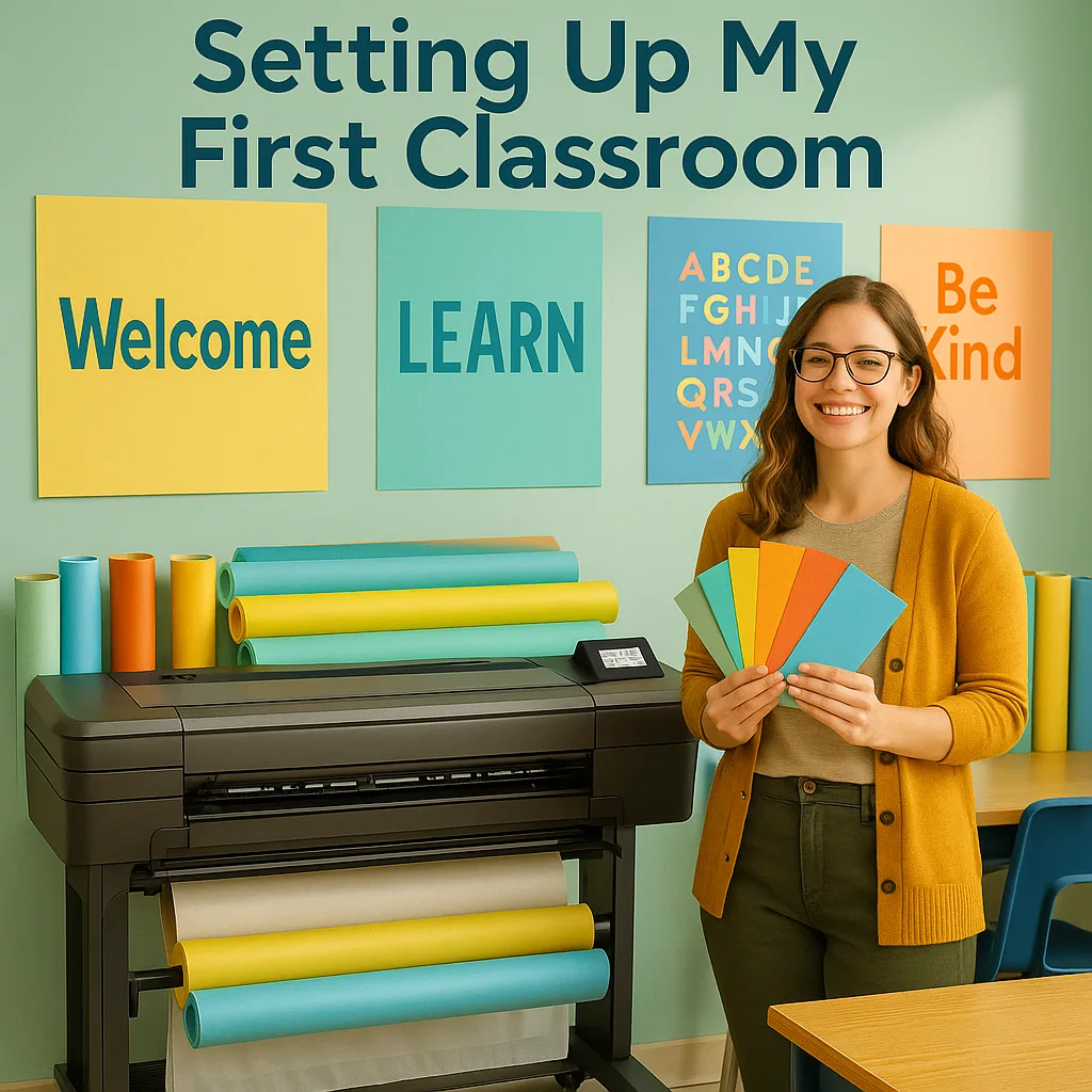 A bright, cheerful classroom scene a first-year teacher (young woman glasses, wearing casual teacher attire) standing next to a poster printer various colorful paper rolls visible. She's holding