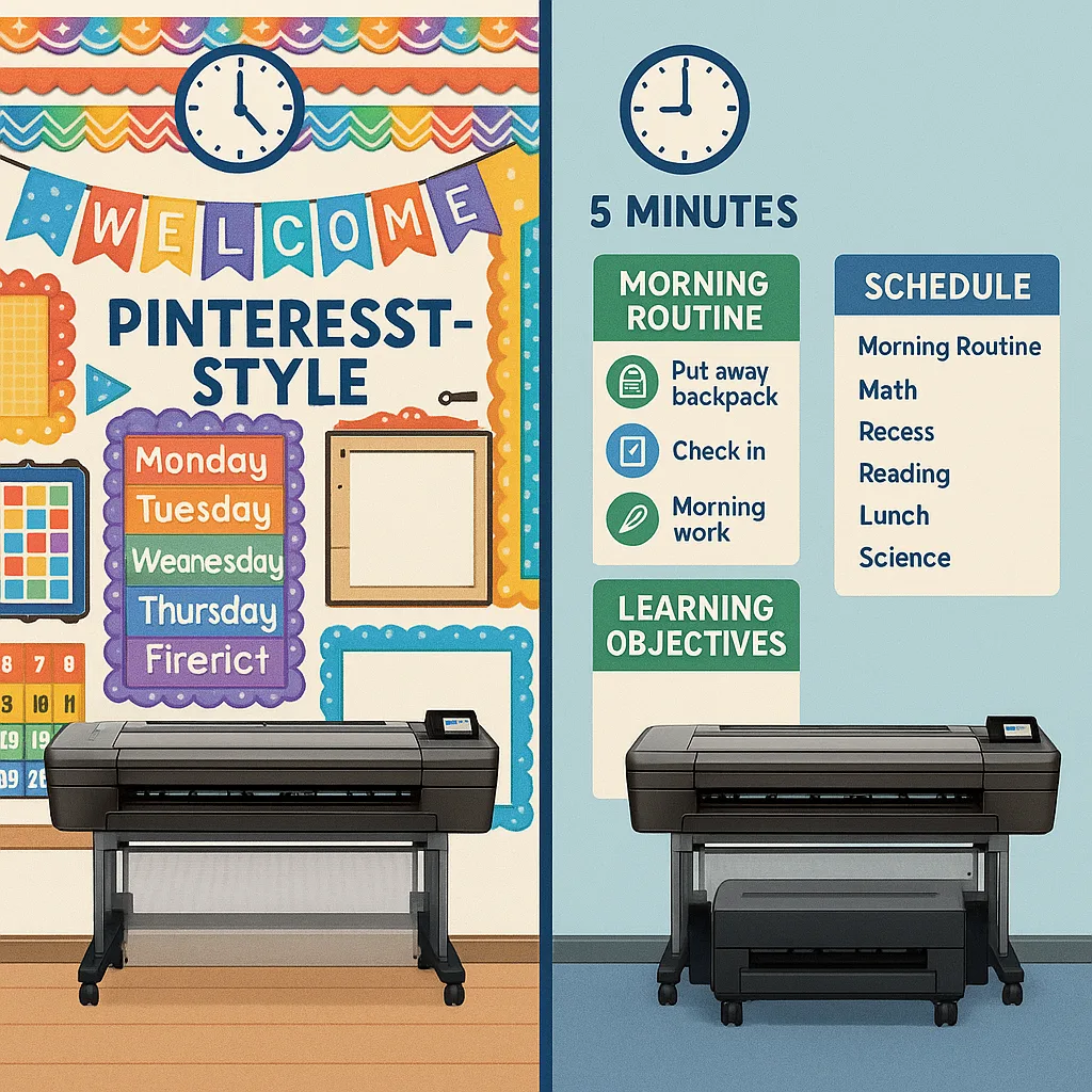 A side-by-side comparison two classroom walls. Left side: an overwhelming, overly decorated Pinterest-style classroom excessive borders, layers, and decorations that took hours to create. Right