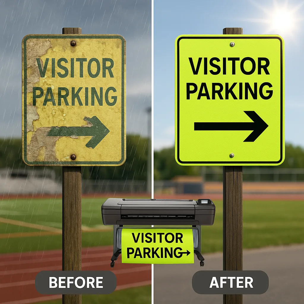 Design a close-up comparison shot two outdoor wayfinding signs side by side on posts. The left sign should look faded, warped, and weather-damaged peeling edges and illegible text. The right sign