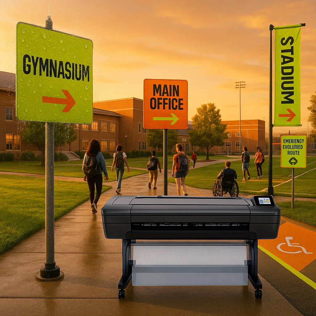 A vibrant, high-energy scene a large school campus from an elevated perspective during golden hour. The image should showcase multiple weatherproof directional signs and banners in neon lime