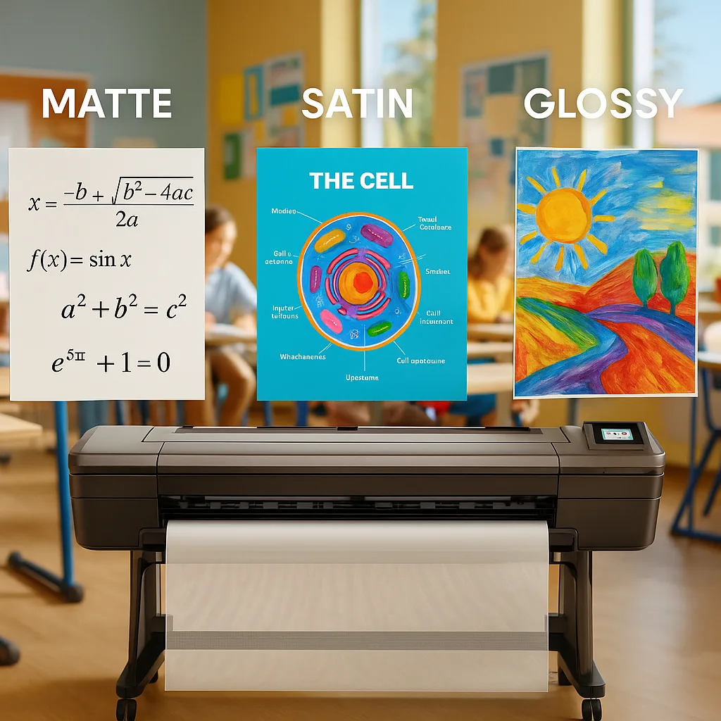 A bright, educational hero image three large poster samples side-by-side in a classroom setting. The left poster should have a matte finish displaying mathematical equations, the center poster