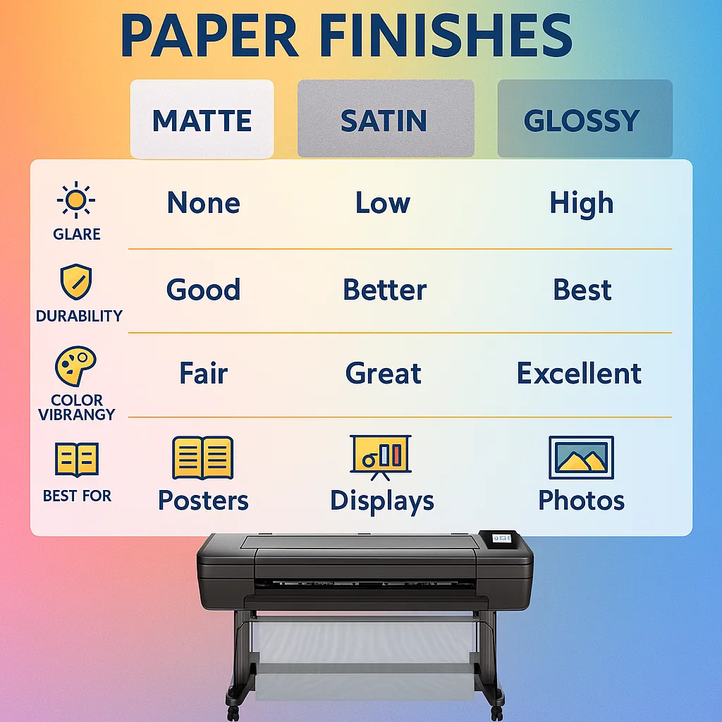 Design an infographic-style comparison chart a rainbow gradient background the key characteristics of matte, satin, and glossy paper finishes. Use colorful icons and the Suse font to display: Design an infographic-style comparison chart a rainbow gradient background the key characteristics of matte, satin, and glossy paper finishes. Use colorful icons and the Suse font to display: