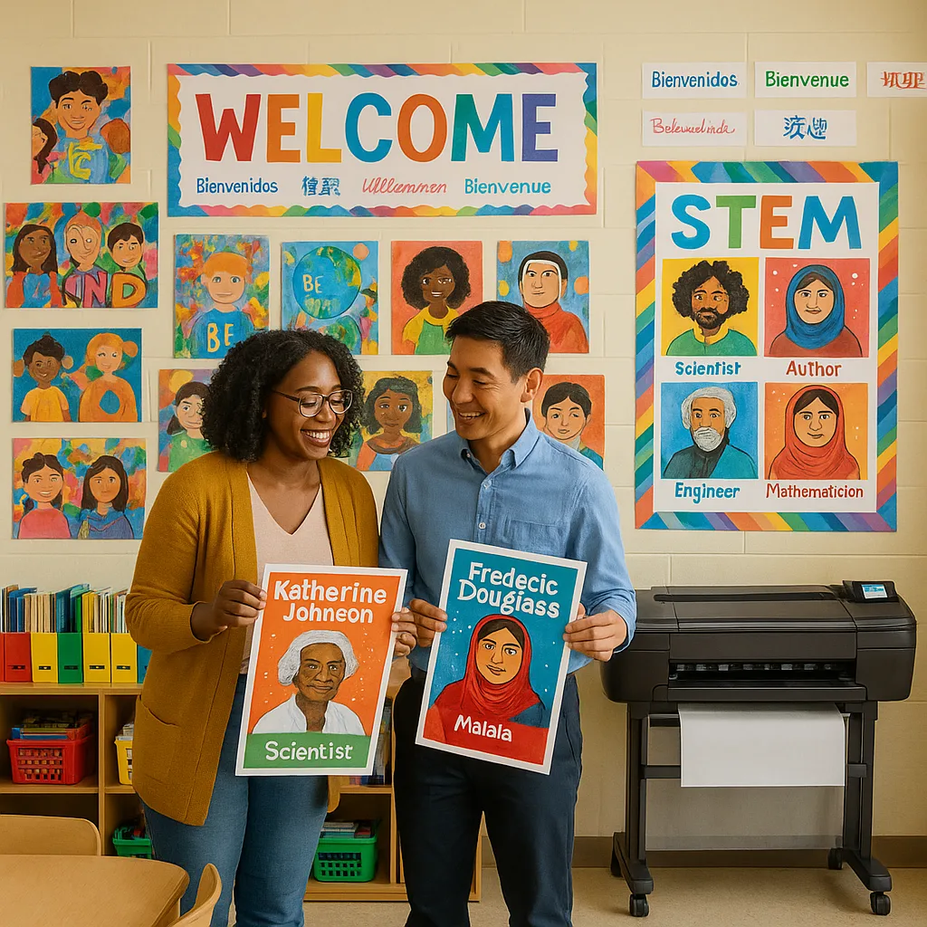 A vibrant, warmly-lit elementary classroom diverse visual displays on every wall. The scene shows a female Black teacher and a male Asian teacher examining colorful posters scientists, authors,