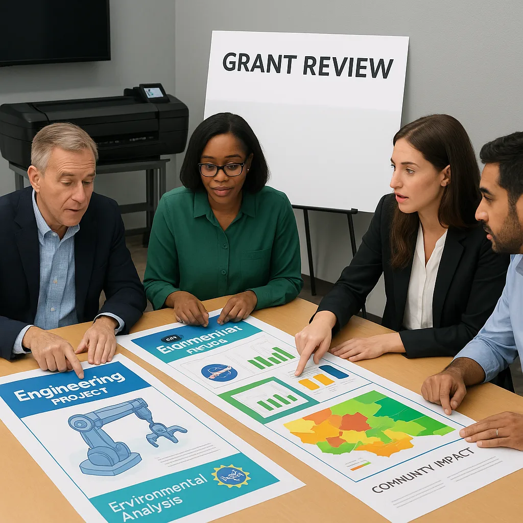A grant review meeting room scene where reviewers examine large visual posters spread across a conference table. The posters display student STEM projects, engineering designs, environmental data