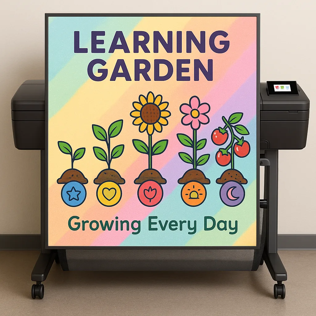 Close-up of a trauma-informed data display a "Learning Garden" theme colorful illustrated plants at various growth stages. Each plant has a unique symbol at its base instead of student names.