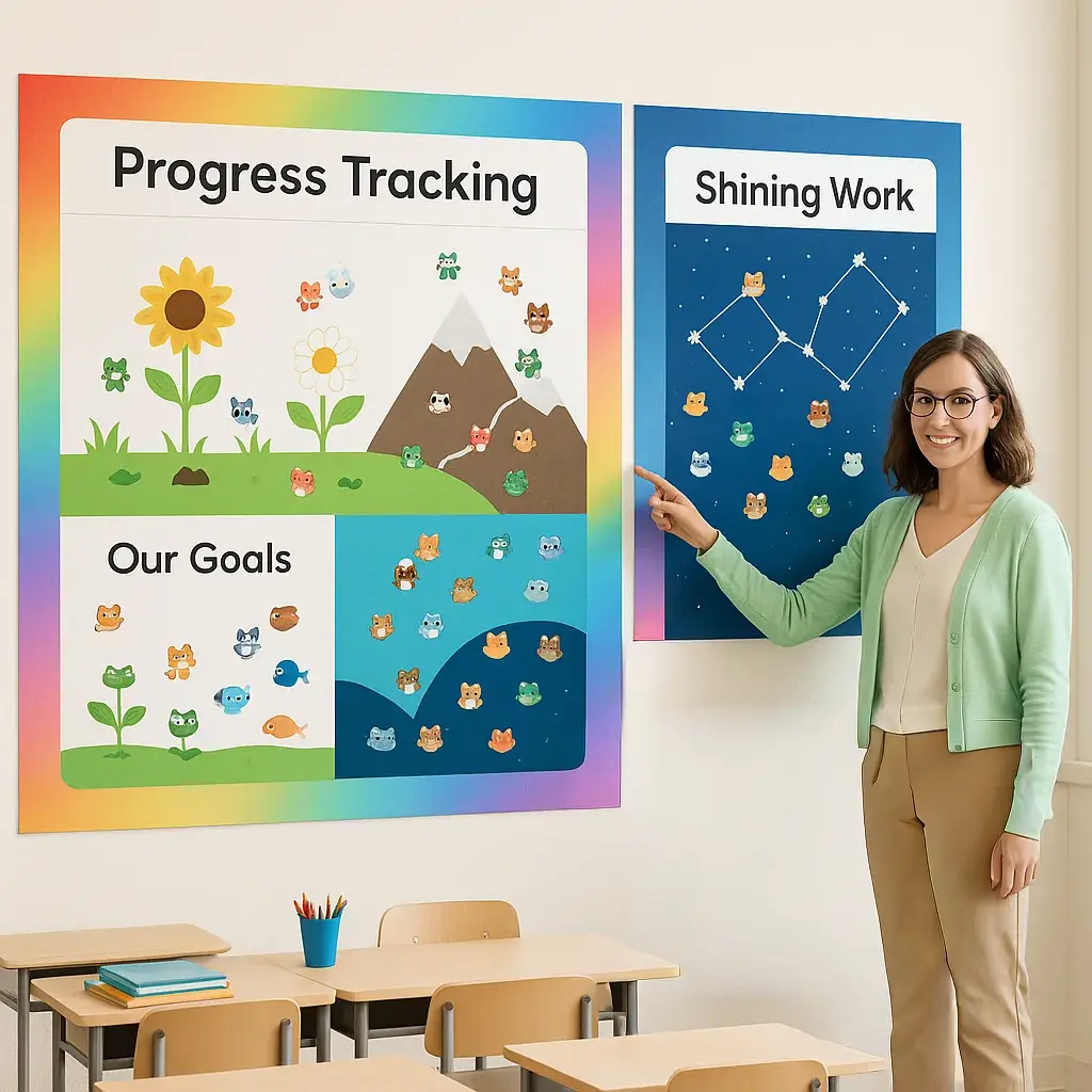 A bright, classroom a colorful data wall nature-themed progress tracking displays. The wall shows garden imagery flowers at different growth stages. A bright, classroom a colorful data wall nature-themed progress tracking displays. The wall shows garden imagery flowers at different growth stages.
