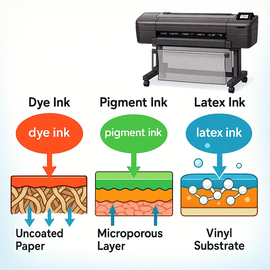 A cross-section illustration how different inks interact various paper types at the microscopic level. Show three side-by-side comparisons: dye ink penetrating deep into uncoated paper fibers, A cross-section illustration how different inks interact various paper types at the microscopic level. Show three side-by-side comparisons: dye ink penetrating deep into uncoated paper fibers,