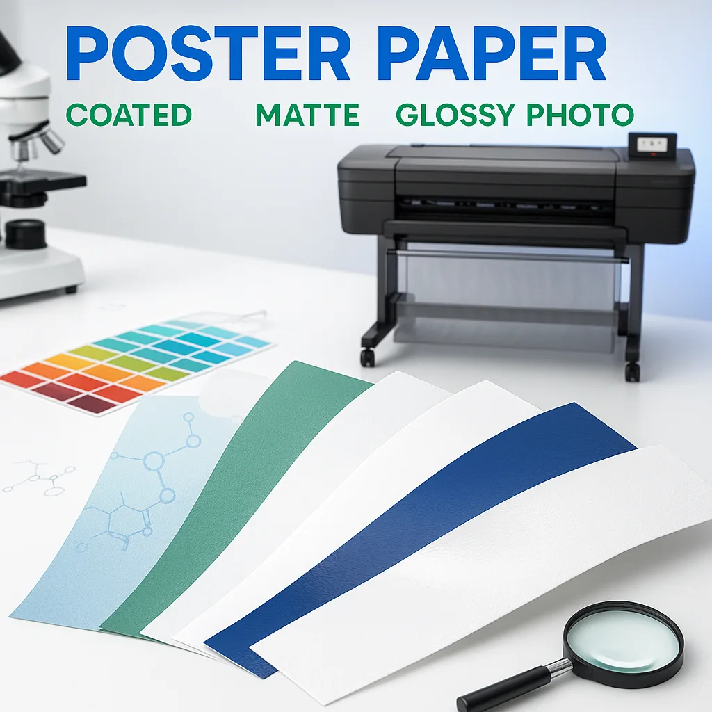 A bright, engaging hero image showcasing different types of poster papers arranged in a fan pattern on a laboratory-style white surface. Include coated paper, matte paper, glossy photo paper, and