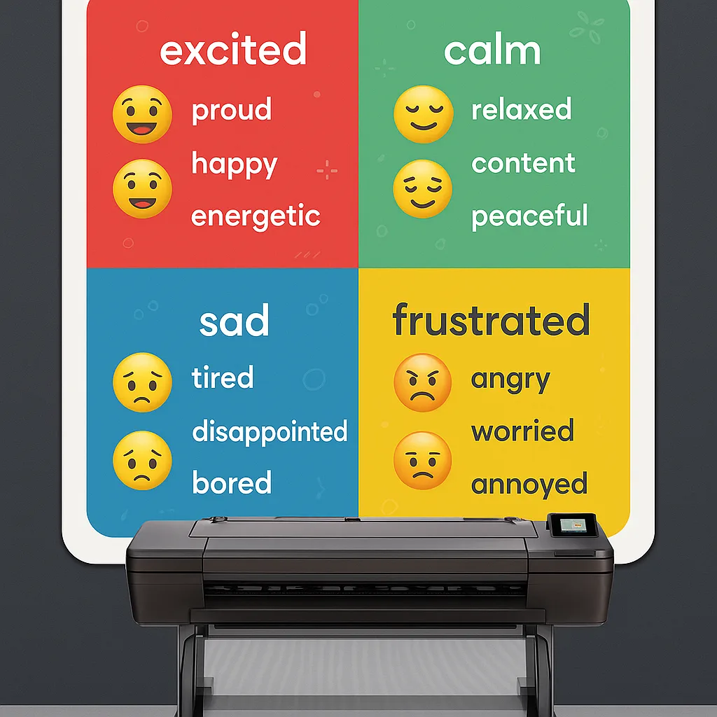Design a close-up view of a professional-looking SEL mood meter poster the four quadrants age-appropriate emotion words and corresponding emoji-style faces. The poster should feature a clean,
