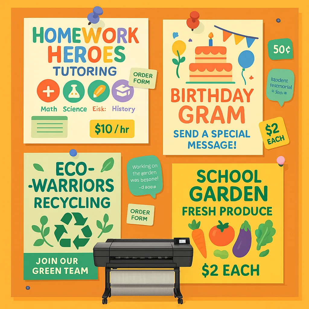 Design a creative collage-style image multiple student-created business posters arranged on a bulletin board. Include posters for different ventures: a colorful “Homework Heroes Tutoring” poster Design a creative collage-style image multiple student-created business posters arranged on a bulletin board. Include posters for different ventures: a colorful "Homework Heroes Tutoring" poster