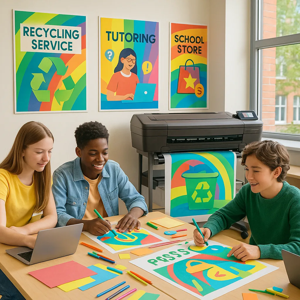 A bright, energetic classroom scene diverse students (ages 12-16) working on colorful poster designs for their business projects. Include a poster printer in the background, students collaborating