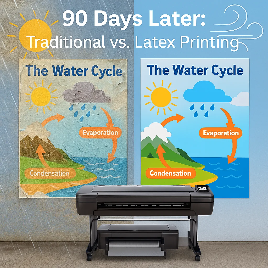 Design a split-screen comparison image the same educational poster after 90 days outdoors. Left side: Traditional laminated poster severe weather damage, fading, curling edges, and water damage.