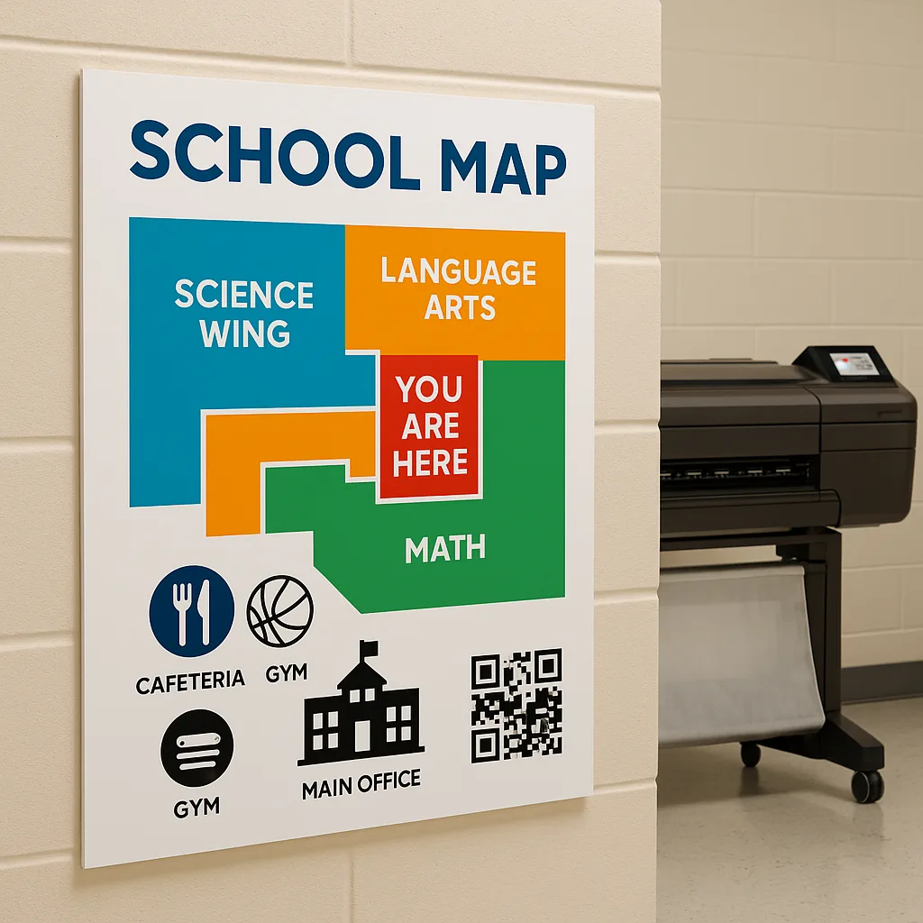 Design a close-up view of a color-coded school map poster mounted on a wall at a 15-degree angle. The map should show different wings of the school in distinct colors - science wing in ocean blue,