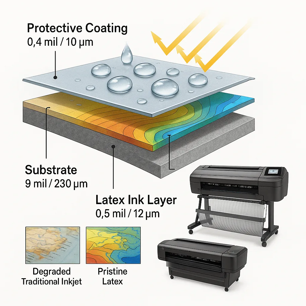 A close-up technical photograph the cross-section layers of a weather-resistant educational poster, similar to a scientific diagram. Display the substrate, latex ink layer, and protective coating