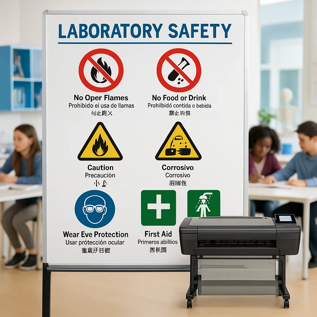 A bright, educational laboratory safety poster design universal safety symbols (prohibition signs, warning triangles, mandatory circles, emergency signs) arranged in a clear hierarchy multilingual